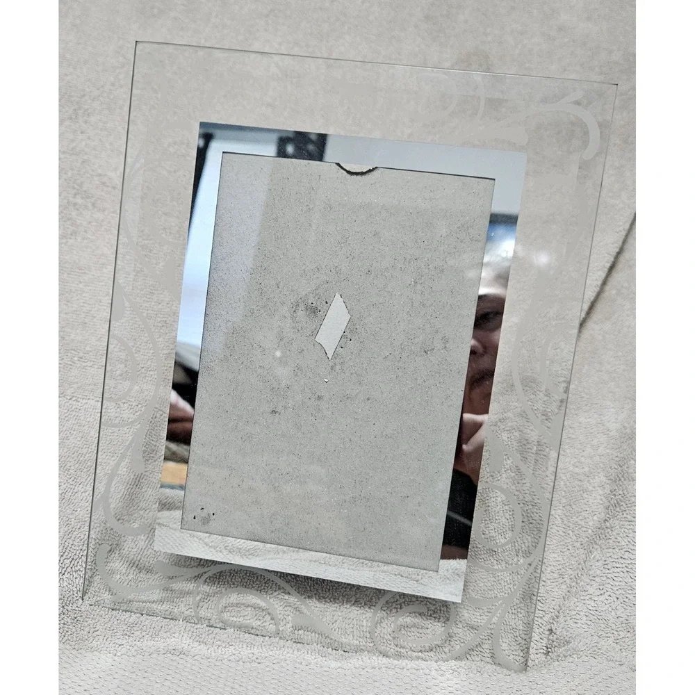 Elegant Etched Glass Picture Frame 5x7 Scroll Swirl Border Tabletop Easel Back